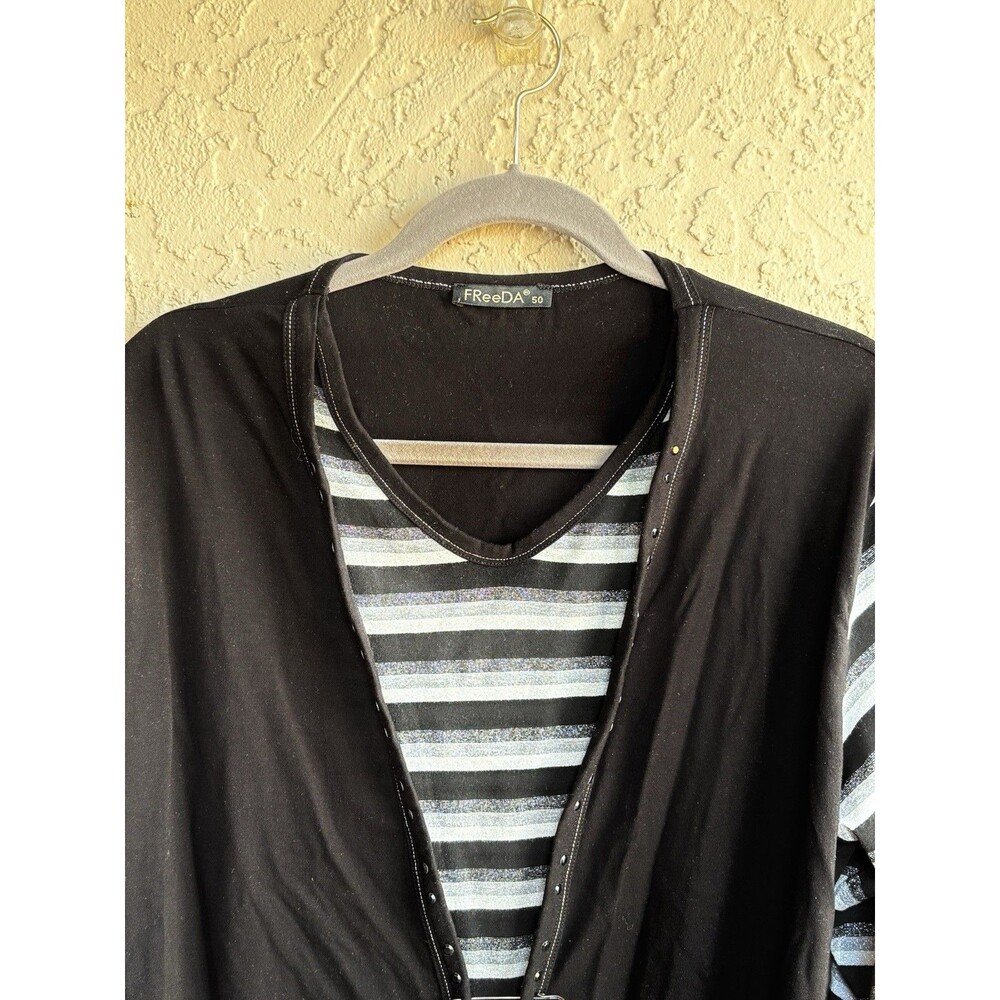FreeDa Black & White Silver Sparkle Striped Whimsygoth Womans Large Shirt Charms - Picture 2 of 9